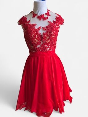 Mac Duggal Red Formal Mini with Lace & Rhinestone Detail